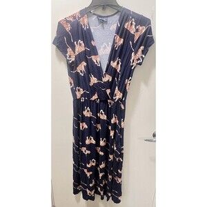 ModCloth Tiger Print Navy Blue V-Neck Dress M Cottagecore Streetwear Bohemian